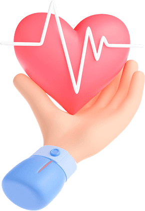 An icon featuring a hand holding a heart with the monitor line commonly seen in hospitals to display a pulse, symbolizing medical care.