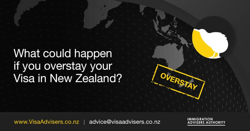 A globe with New Zealand highlighted, overlaid with the text: "What could happen if you overstay your visa in New Zealand?