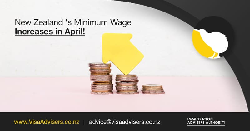 Banner that says: 'New Zealand's Minimum Wage Increases in April!' Gleaming coins and a bold upward arrow symbolize economic empowerment and growth, promising a brighter future for all workers in New Zealand.