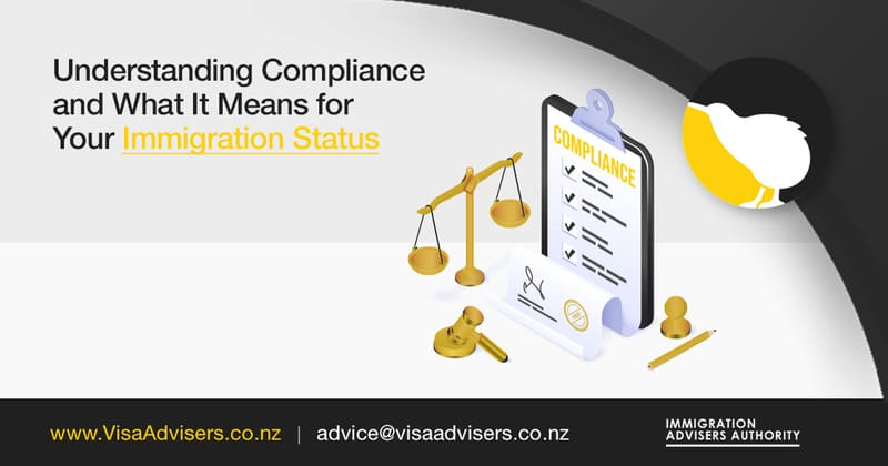 A banner with the following text: 'Understanding Compliance and What It Means for Your Immigration Status in New Zealand.' Surrounding the text are various legal elements, including a judge's gavel, a notepad, a pen, and several forms.